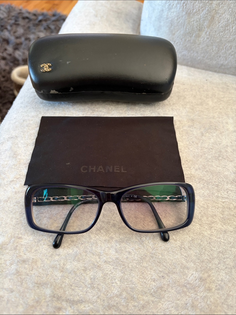 CHANEL Navy Blue Rectangular Glasses with Silver Chain Detail